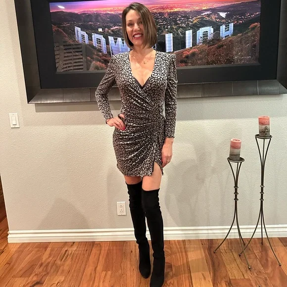sequin fit and flare mini dress Women's Mina Rose Fit and Flare Off-Shoulder Sequin Mini Dress S/M/L Light Grey/Black MEAN BLVD Light Grey / L